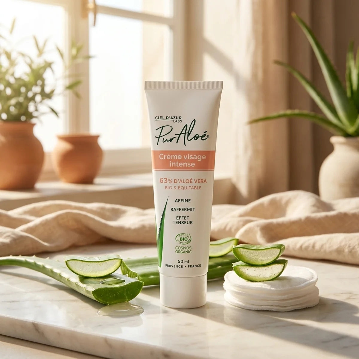 Crème Visage Intense Bio Pur'Aloé avec feuilles d'aloe vera frais sur marbre clair