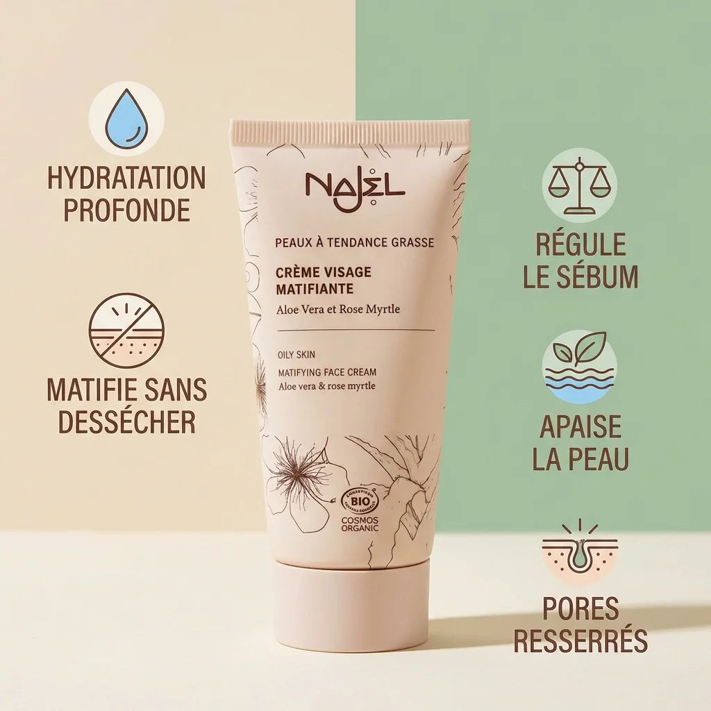 Crème visage matifiante Bio Najel 50ml avec bénéfices hydratation, matification et régulation sébum