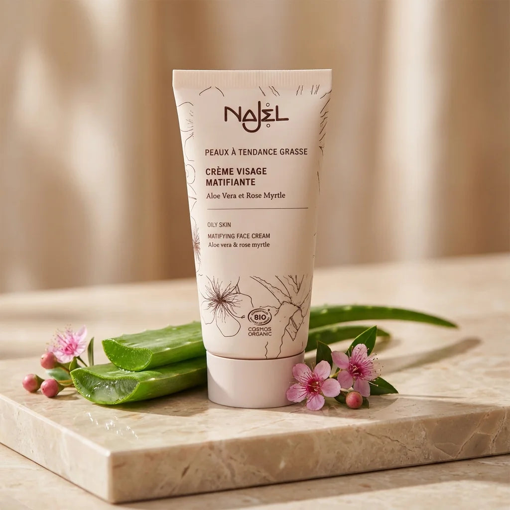 Crème visage matifiante Bio Najel 50ml avec aloe vera et fleurs botaniques sur marbre