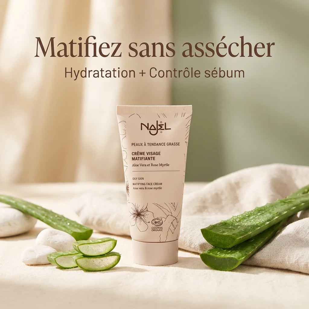 Crème visage matifiante Bio Najel 50ml avec feuilles d'aloe vera et texte hydratation contrôle sébum