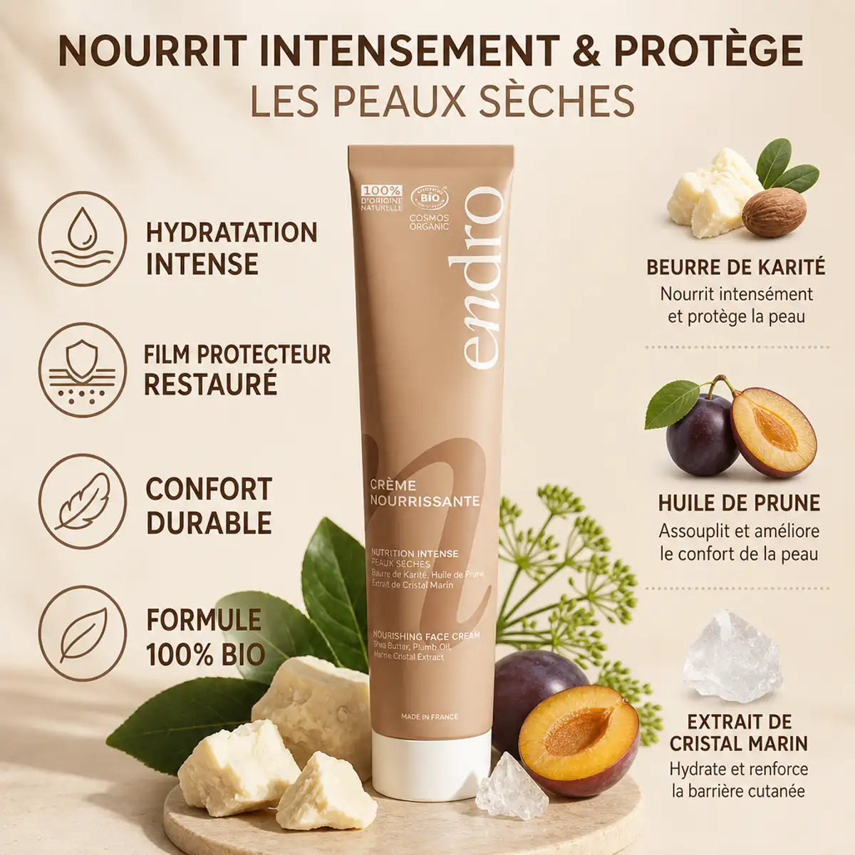 Crème visage Nourrissante Endro 50ml avec bénéfices hydratation et formule bio pour peaux sèches