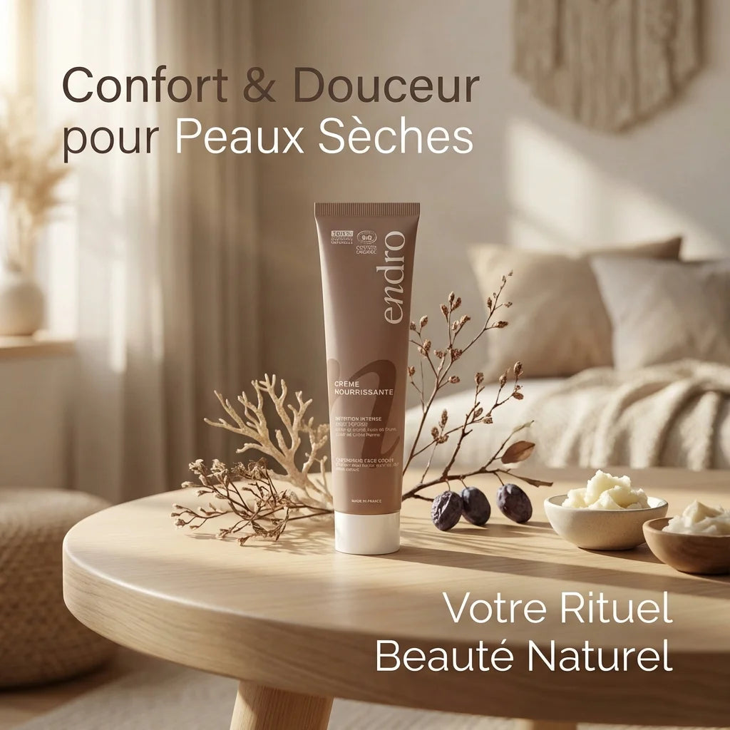 Crème visage nourrissante Endro 50ml peaux sèches, packaging taupe sur fond Scandinave naturel