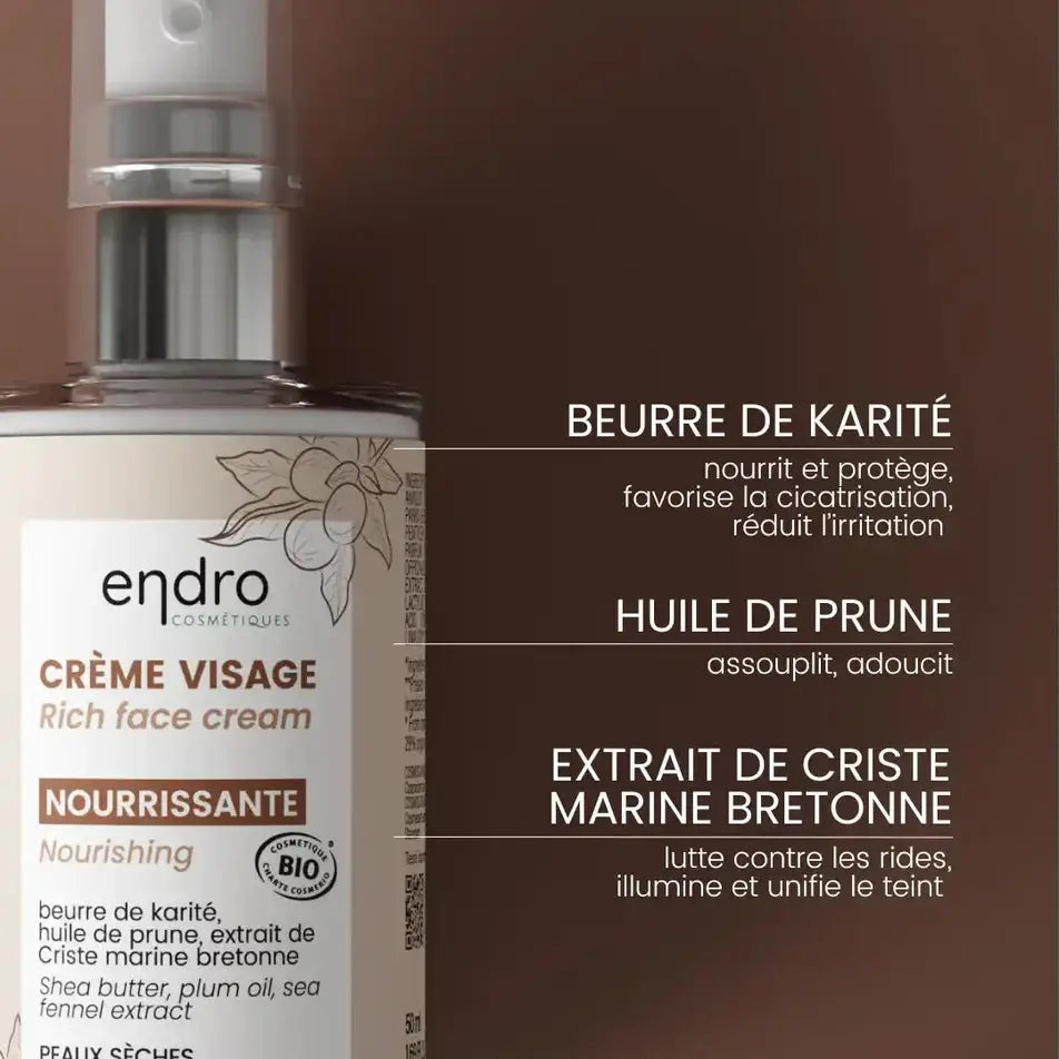 Les ingrédients de la crème visage nourrissante de 50 ml de la marque Endro et leurs bienfaits
