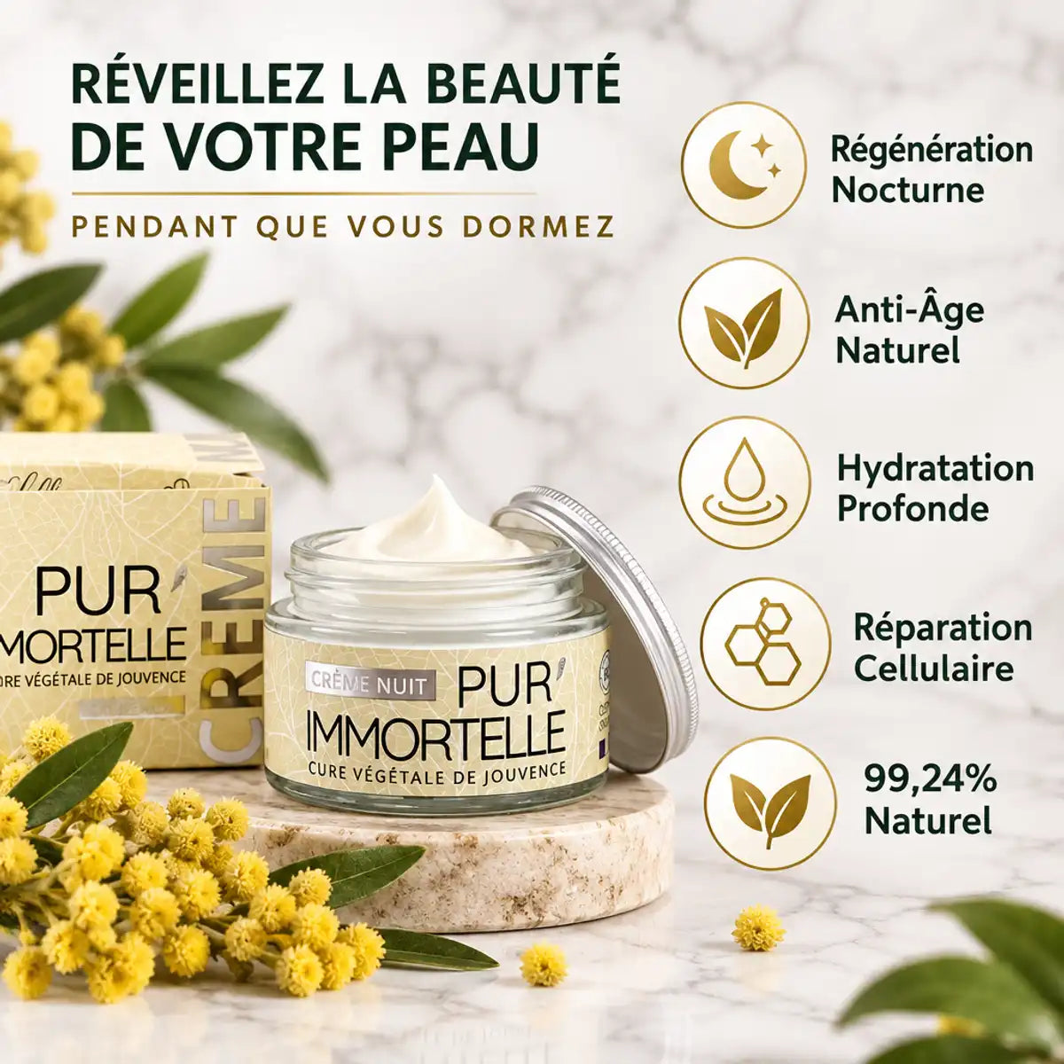 Crème Visage Nuit bio Pur'Immortelle 50ml avec bénéfices : régénération, anti-âge, hydratation profonde