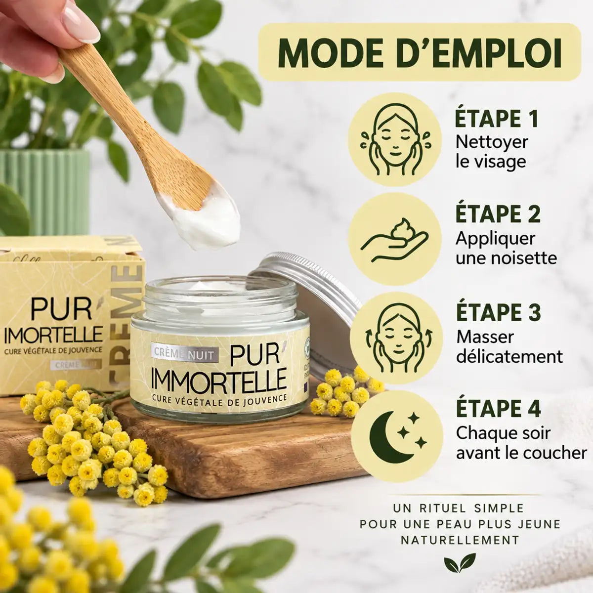 Crème visage nuit bio Pur'Immortelle 50ml avec mode d'emploi et fleurs d'immortelle