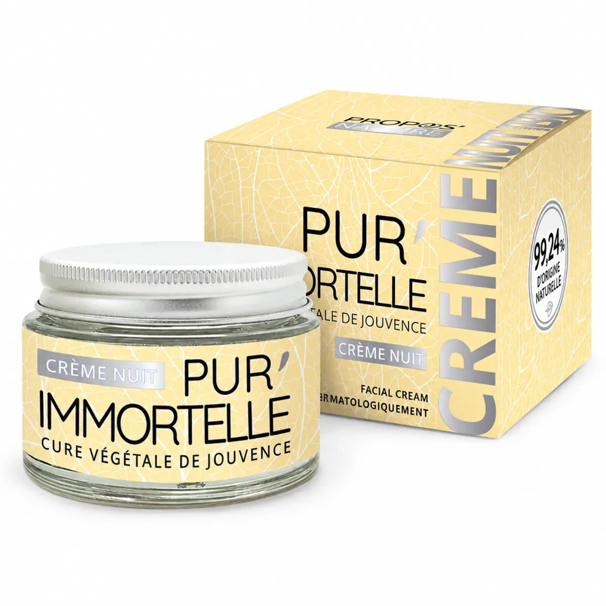 Crème Visage Nuit bio Pur'Immortelle 50ml avec son emballage et pot en verre