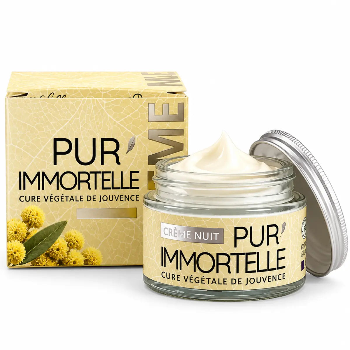 Crème visage nuit bio Pur'Immortelle 50ml avec emballage or et pot en verre ouvert