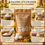 Cristaux de fleur d'Osmanthus parfum solide avec guide 4 utilisations sur bois artisanal