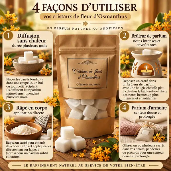 Cristaux de fleur d'Osmanthus parfum solide avec guide 4 utilisations sur bois artisanal
