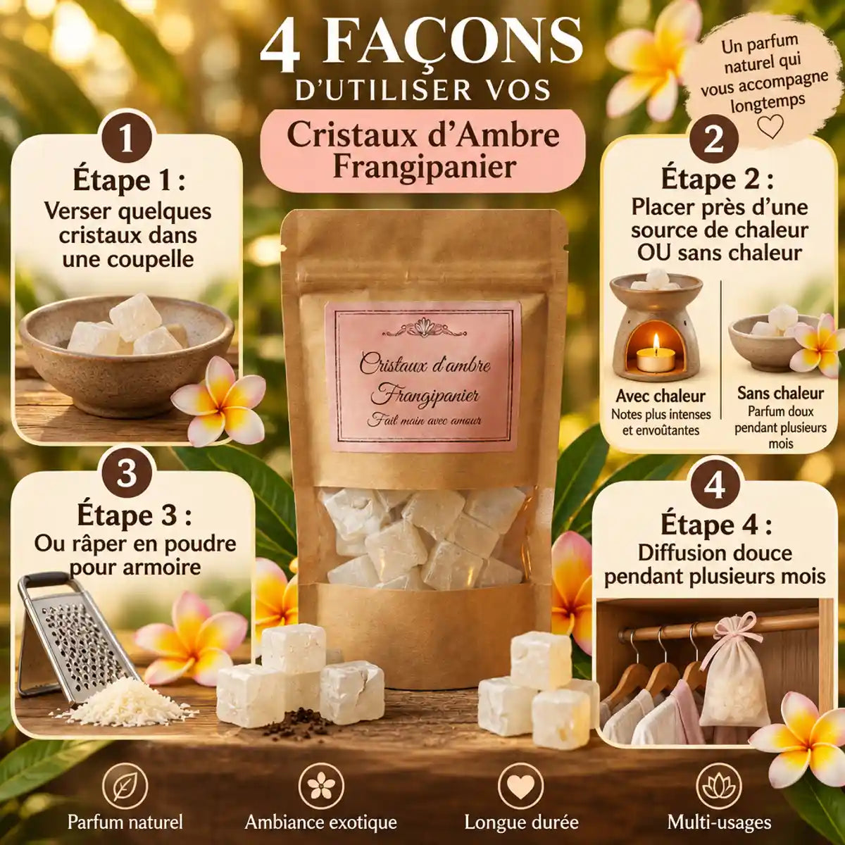 Cristaux d'Ambre Frangipanier dans pochette kraft - Guide d'utilisation en 4 étapes