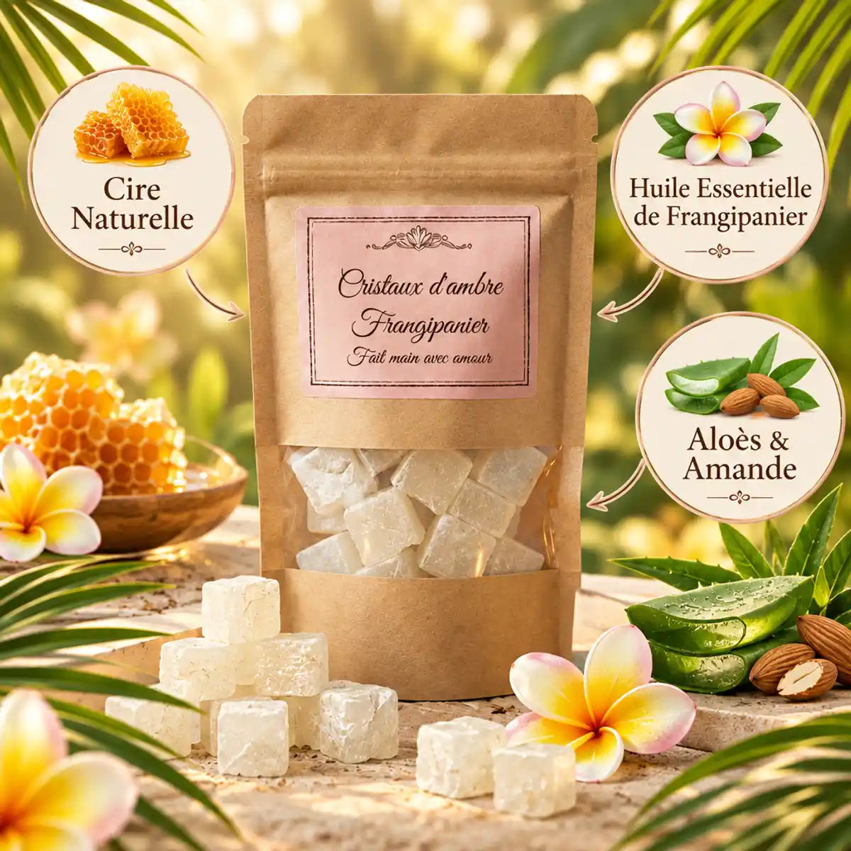 Cristaux de frangipanier faits main - Packaging kraft avec étiquette rose et ingrédients naturels