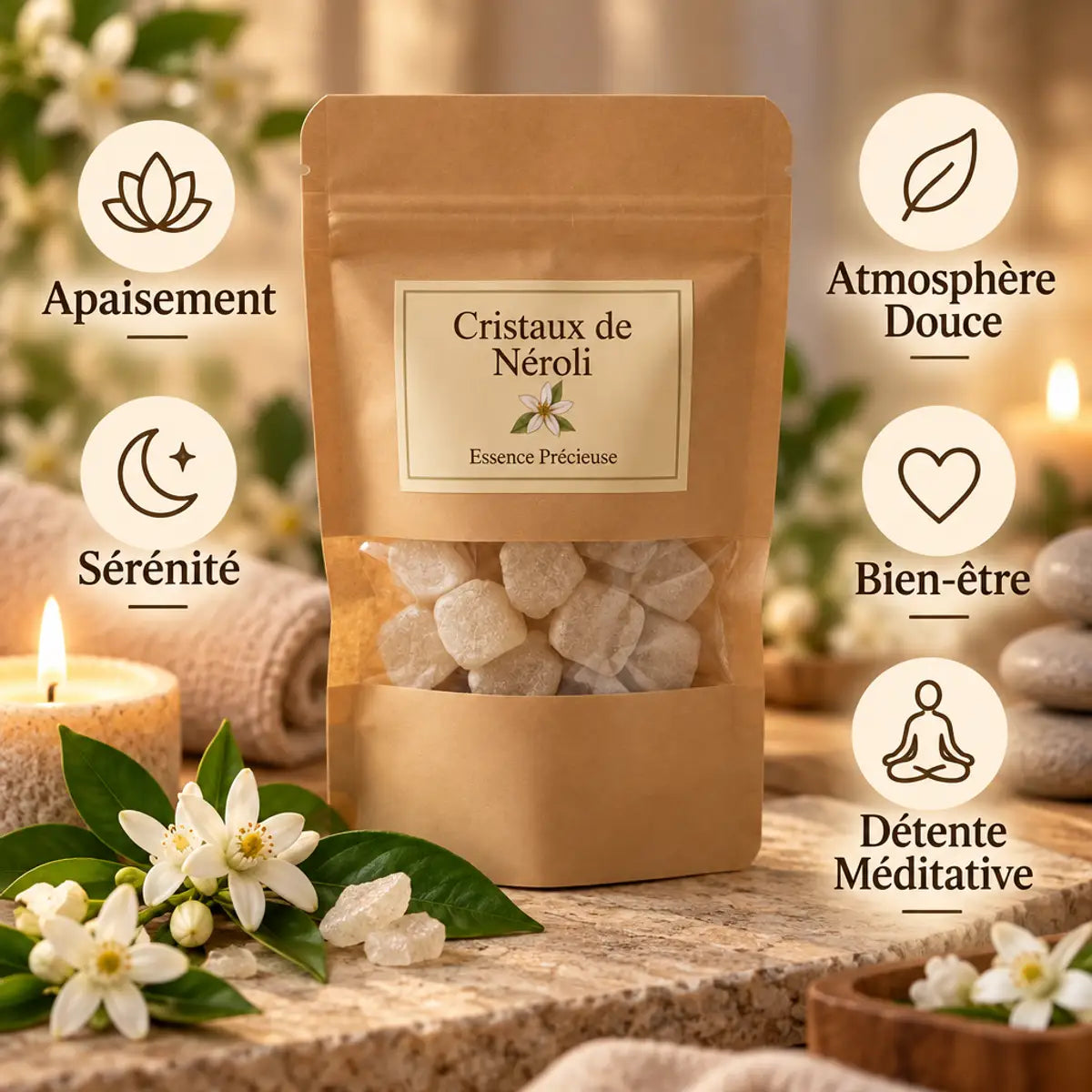 Cristaux de Néroli - Jardin de mon Grand-Père avec bénéfices bien-être et ambiance spa luxe
