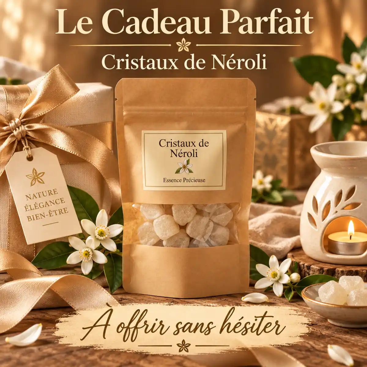 Cristaux de Néroli luxe avec fleurs, ruban soie et diffuseur céramique pour cadeau parfait