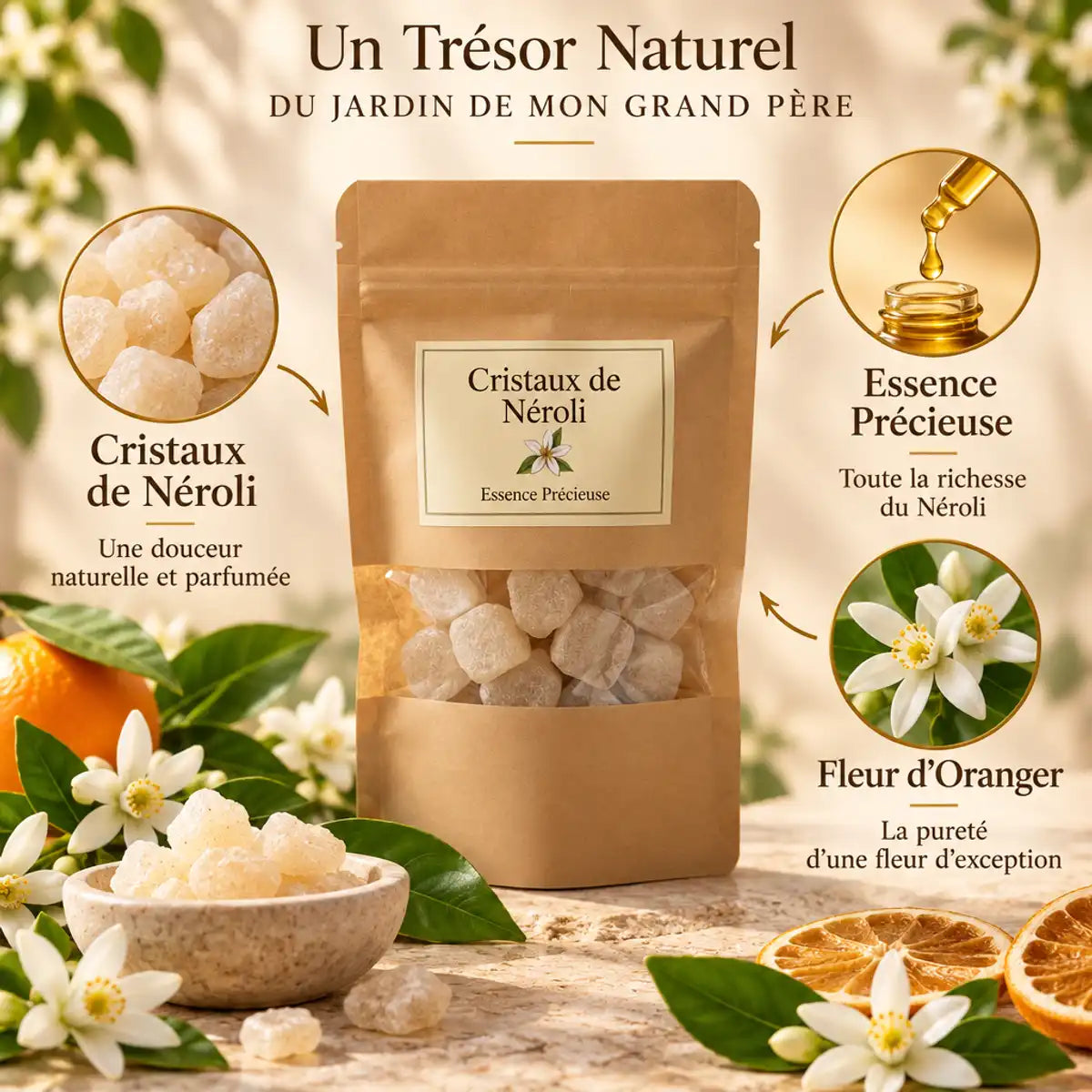 Cristaux de Néroli Jardin de mon Grand Père - Packaging kraft avec fleurs d'oranger et ingrédients naturels