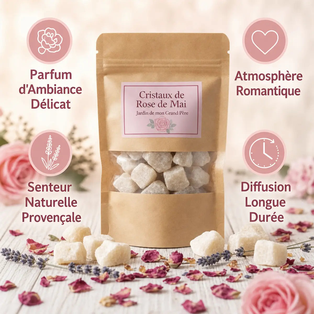 Cristaux Rose de Mai du jardin de grand-père en sachet kraft avec bénéfices naturels provençaux
