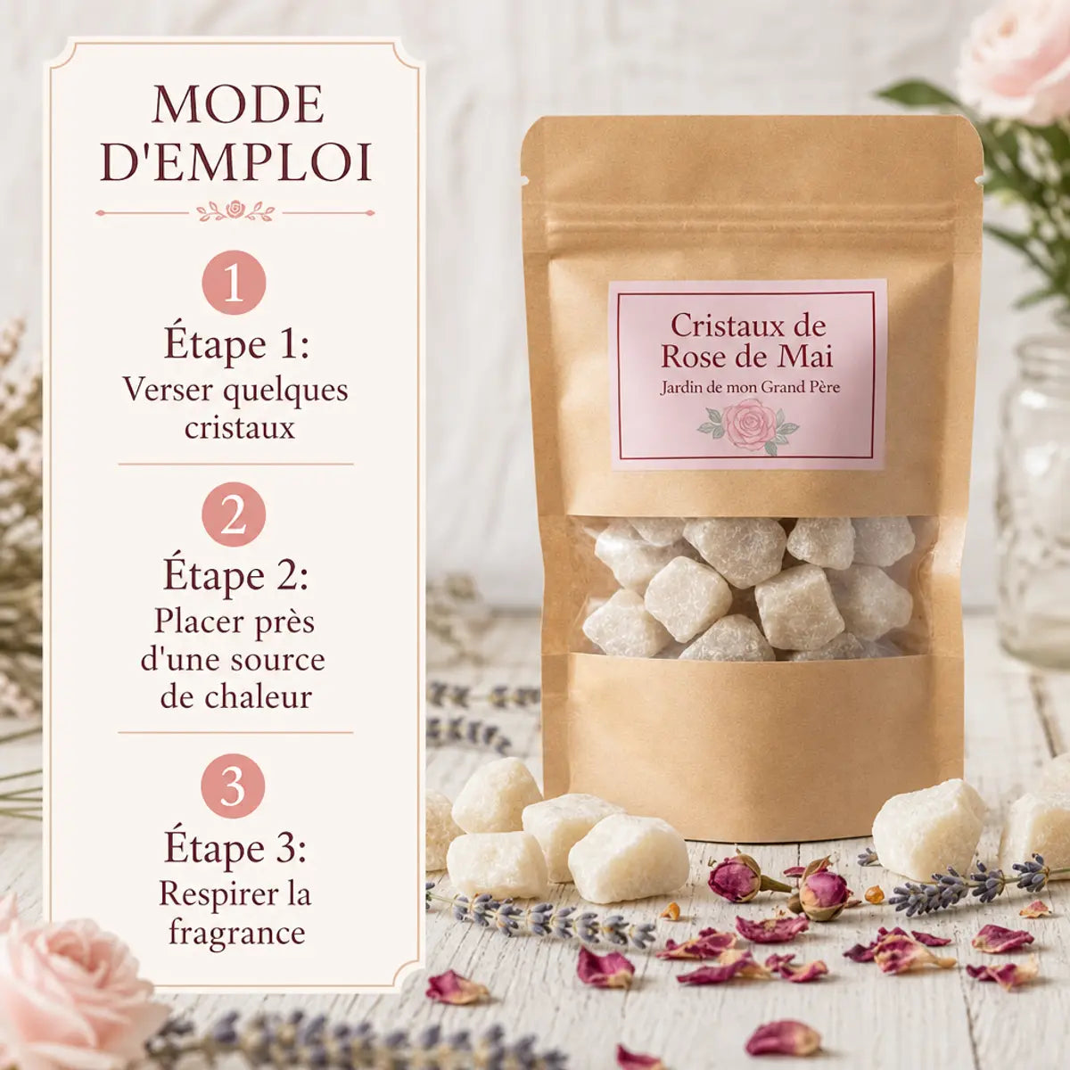 Cristaux de Rose de Mai - Packaging kraft avec mode d'emploi, pétales et lavande sur fond blanc