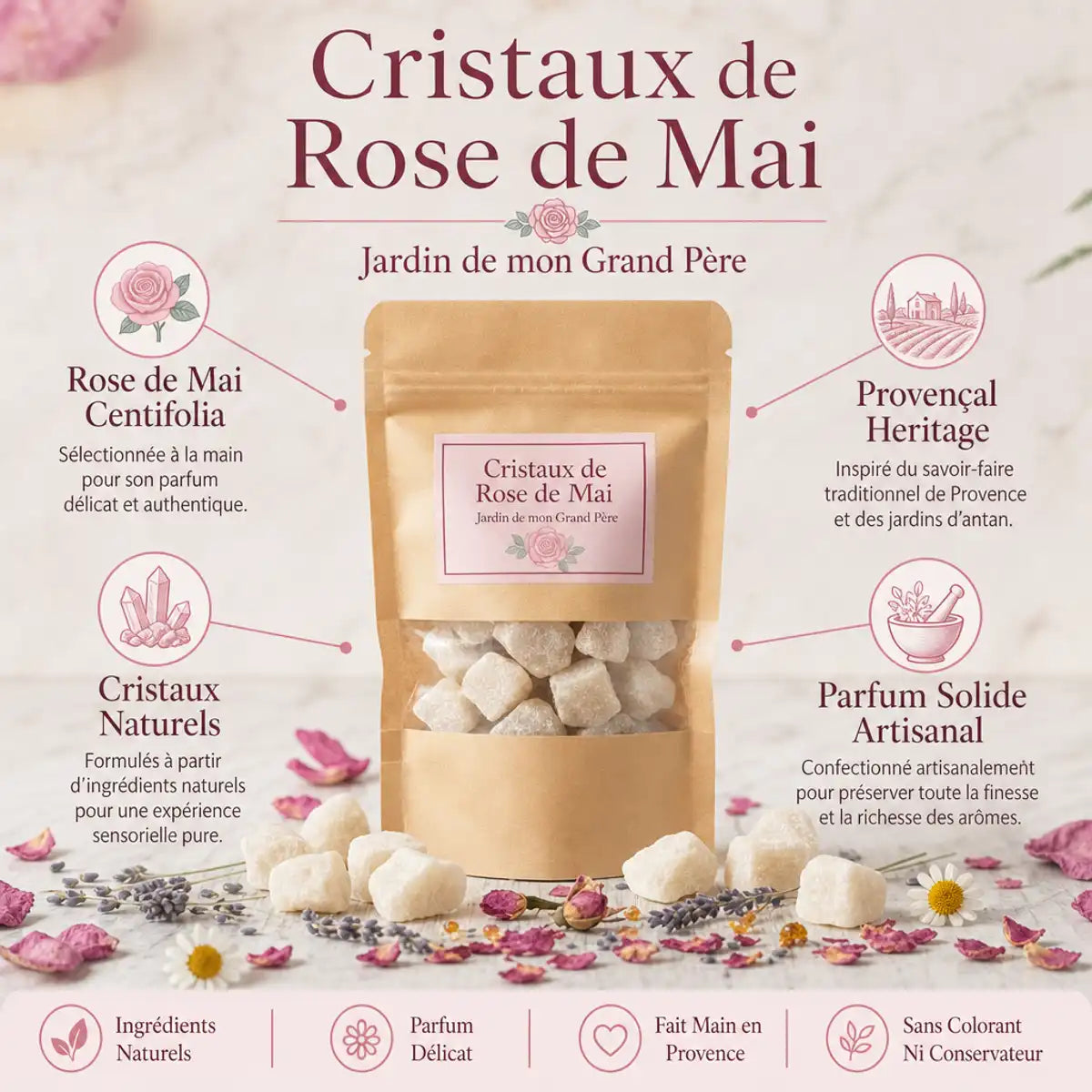 Cristaux de Rose de Mai artisanaux avec emballage kraft, pétales de rose séchés et ingrédients naturels provençaux