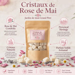 Cristaux de Rose de Mai artisanaux avec emballage kraft, pétales de rose séchés et ingrédients naturels provençaux