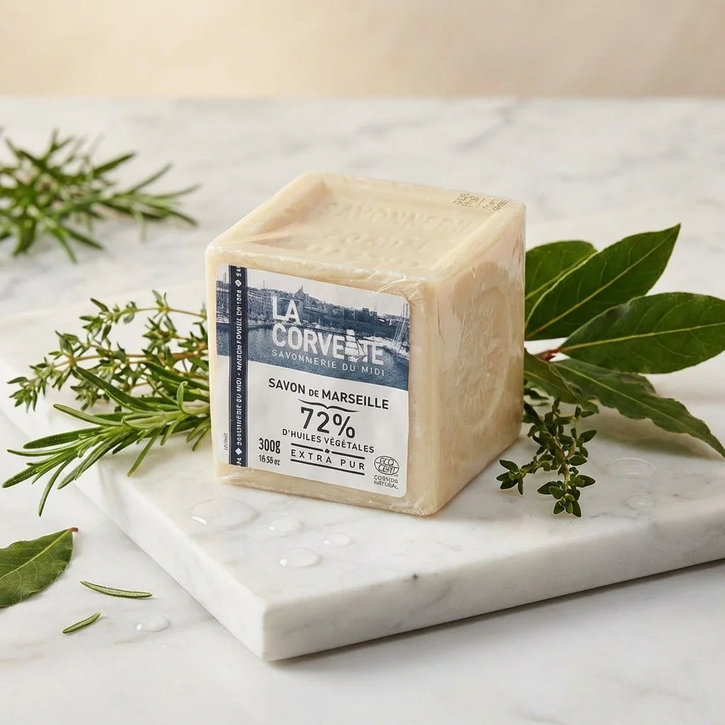Cube de savon de Marseille La Corvette 300g sur marbre blanc avec herbes fraîches