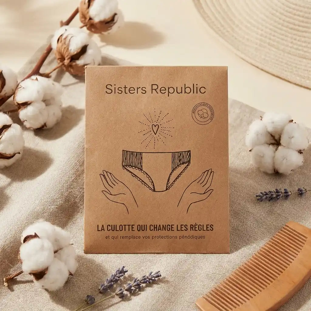 Culotte menstruelle Colette XL Sisters Republic sur fond beige avec coton, absorption super