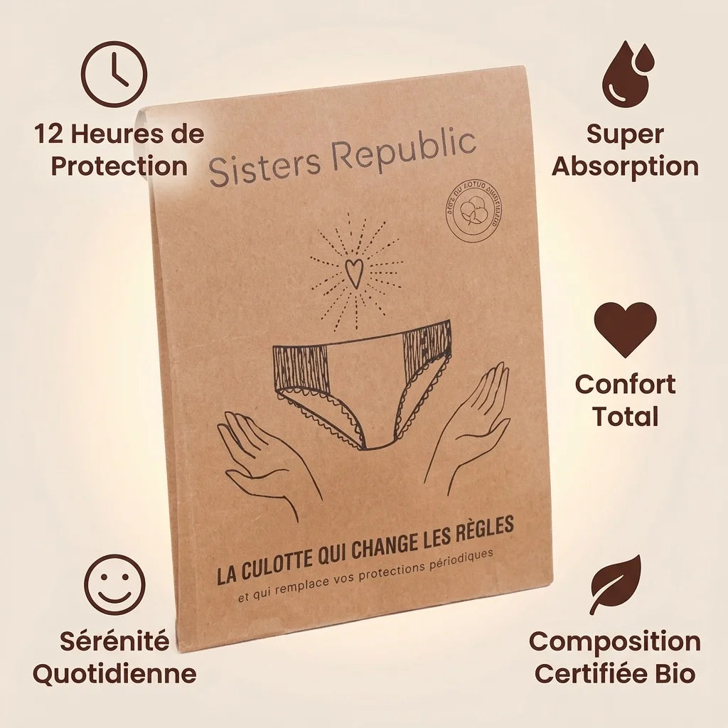 Culotte menstruelle Sidonie Sisters Republic avec 5 bénéfices: protection 12h, super absorption, confort, bio certifié
