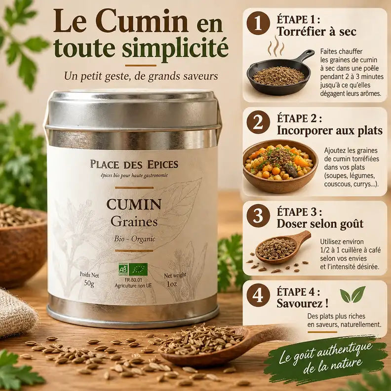 Cumin bio 60g Place des épices - Boîte metal avec guide de torréfaction et dosage