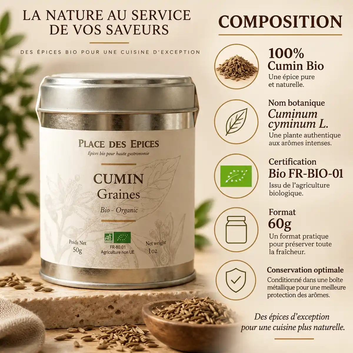 Cumin Graine Bio 60g - Boîte métallique avec composition et certification biologique