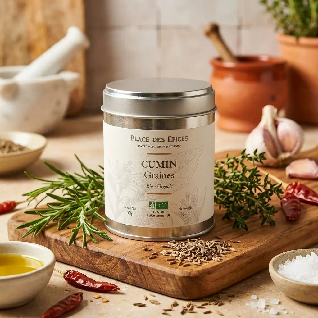 Cumin graine Bio 60g Place des épices en boîte métallique sur surface bois avec herbes
