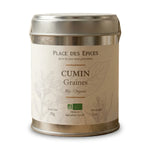 Cumin graine bio 60g Place des épices dans un emballage métallique argent certifié bio