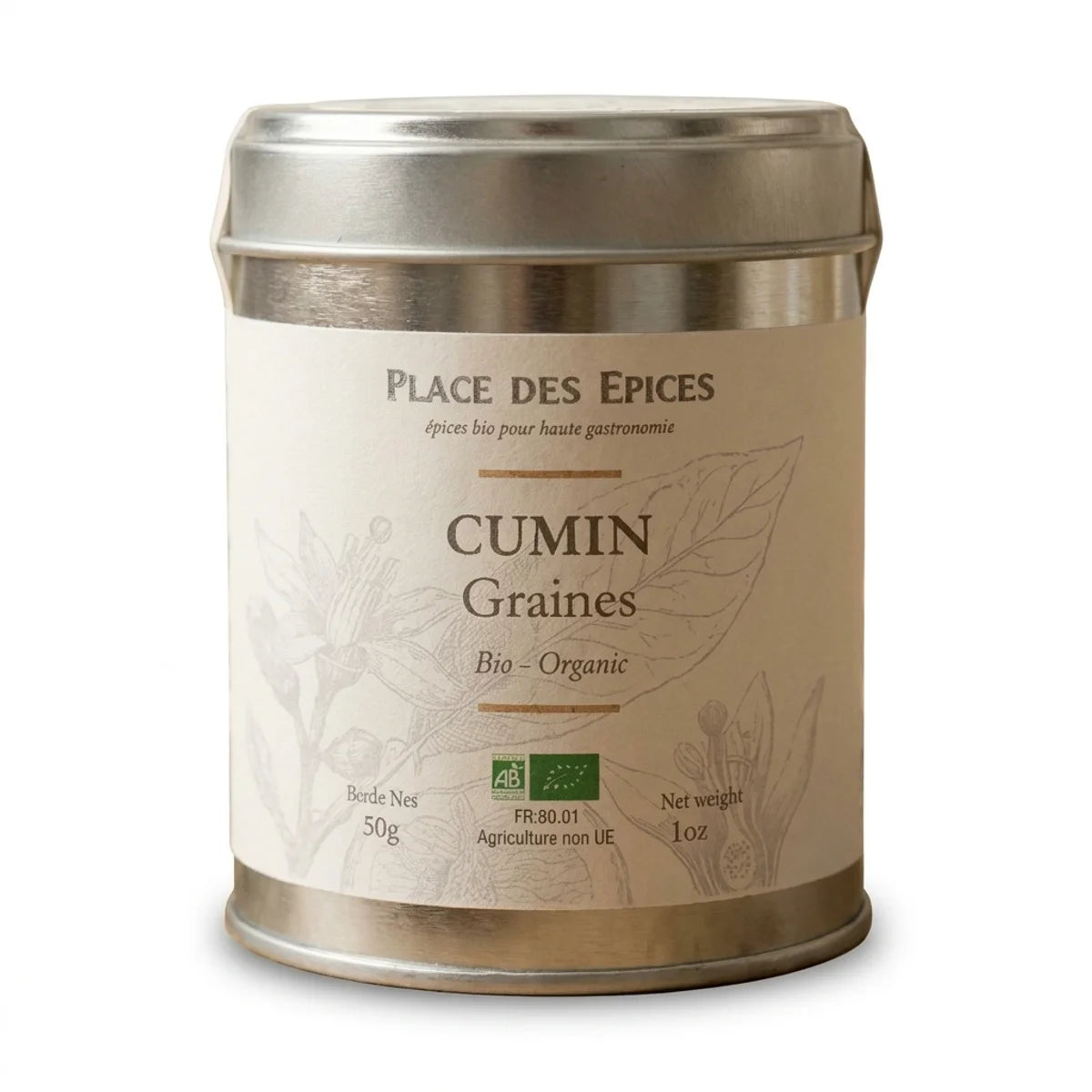 Cumin graine bio 60g Place des épices dans un emballage métallique argent certifié bio