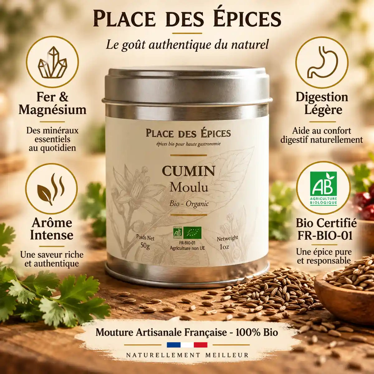 Cumin moulu bio 50g Place des épices - Boîte métallique avec bénéfices nutritionnels et certification