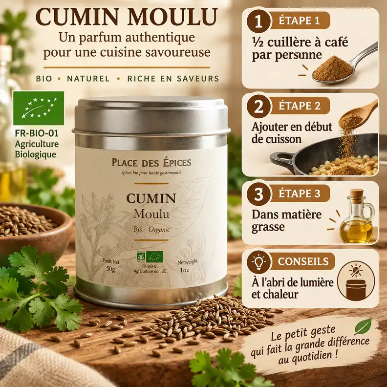 Cumin moulu bio 50g Place des épices avec guide dosage et certification agriculture biologique