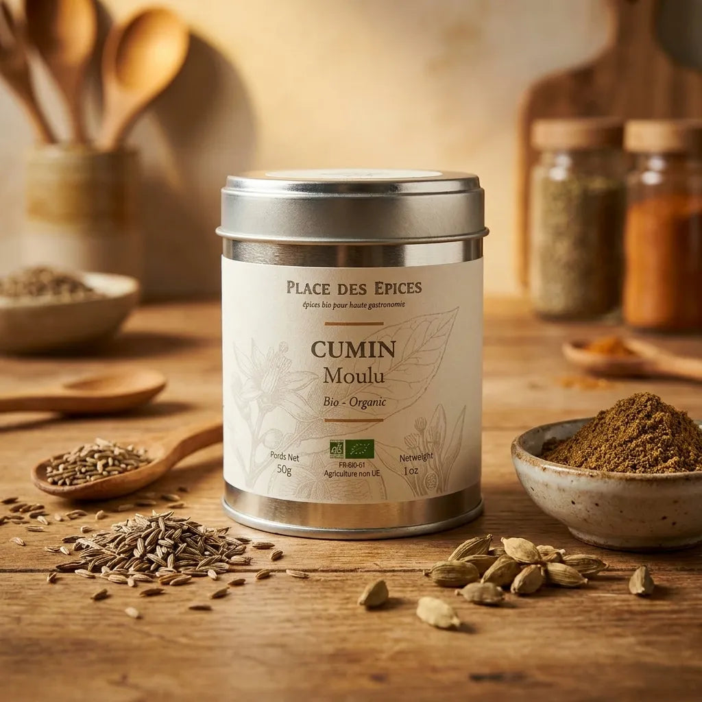 Cumin Moulu Bio 50g Place des épices en boîte métallique avec graines et épices