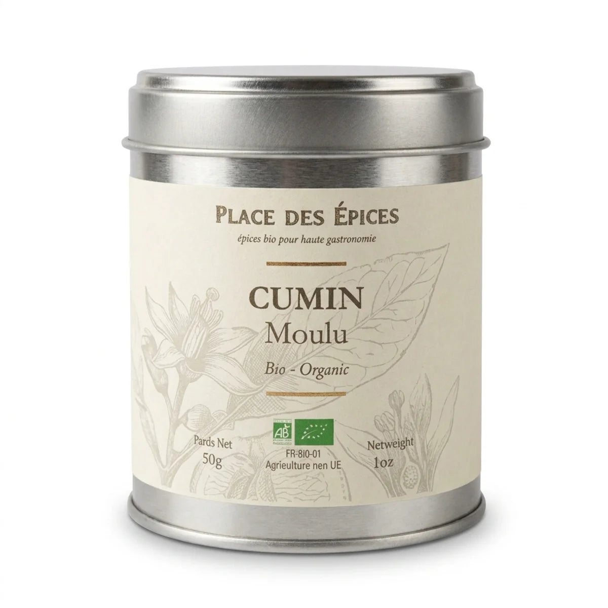 Cumin moulu bio 50g Place des épices en boîte métallique sur fond blanc