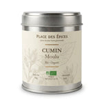 Cumin moulu bio 50g Place des épices en boîte métallique sur fond blanc