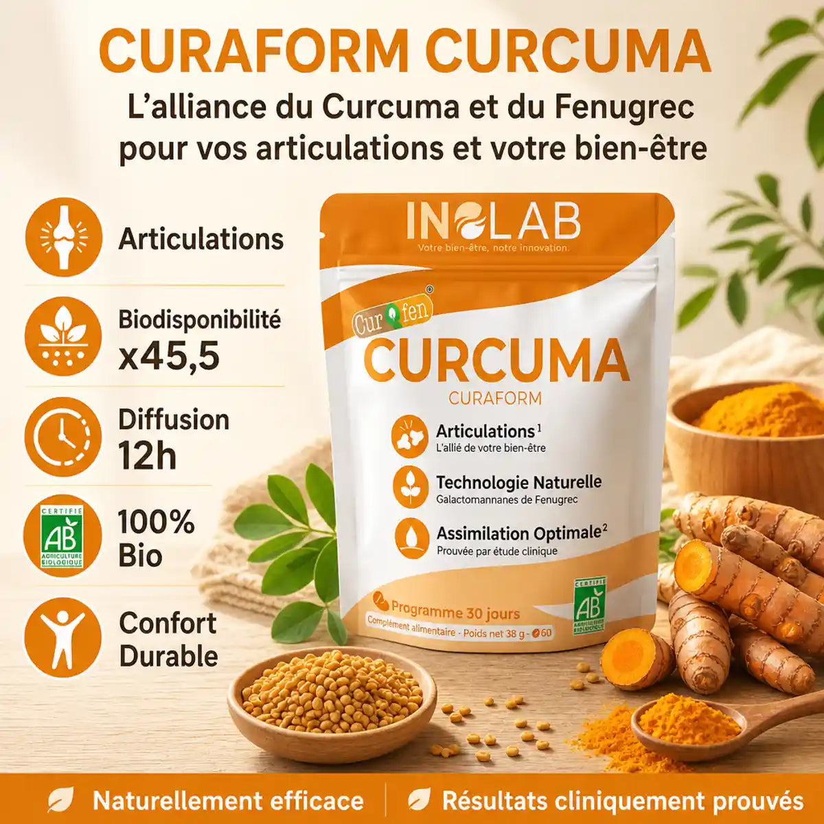 Curaform Curcuma CurQfen® 60 comprimés - Articulations, biodisponibilité x45,5, diffusion 12h