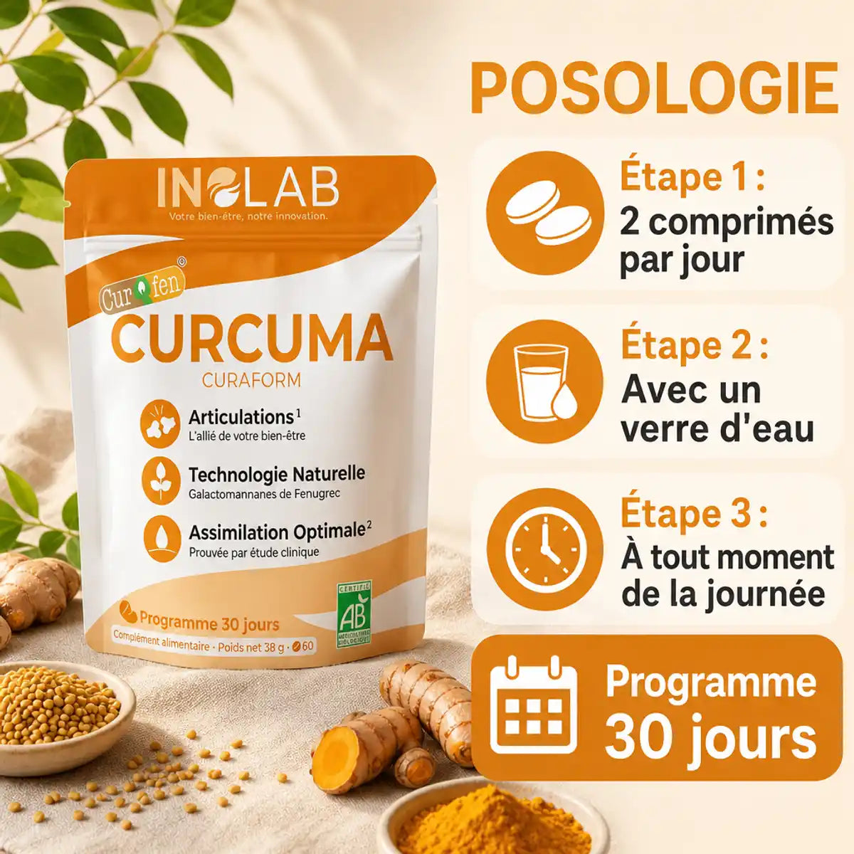 Curaform Curcuma CurQfen® posologie 2 comprimés jour guide utilisation infographie