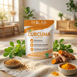 Curaform Curcuma CurQfen® 60 comprimés avec racine de curcuma frais et feuilles vertes en ambiance wellness
