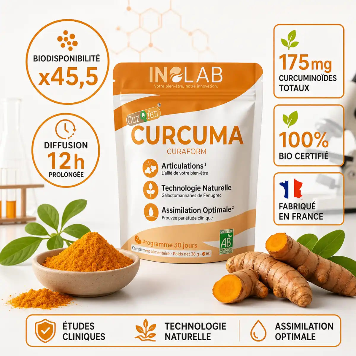 Curaform curcuma CurQfen® 60 comprimés avec racines fraîches et infographie biodisponibilité x45,5