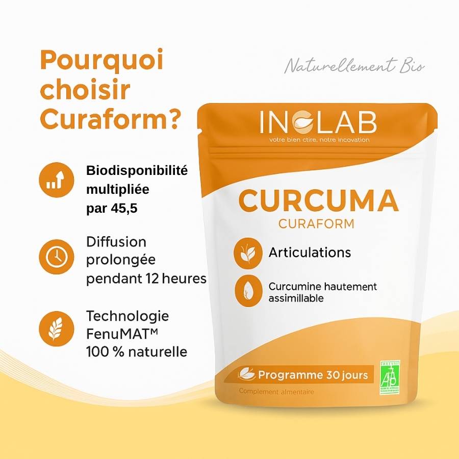 Les bienfaits du Curcuma Bio en comprimé de Curcumine CurQfen® CuraForm de la marque Inolab