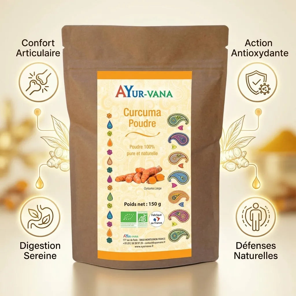 Curcuma bio Ayur-vana 150g avec bénéfices santé articulaire, antioxydant et digestion