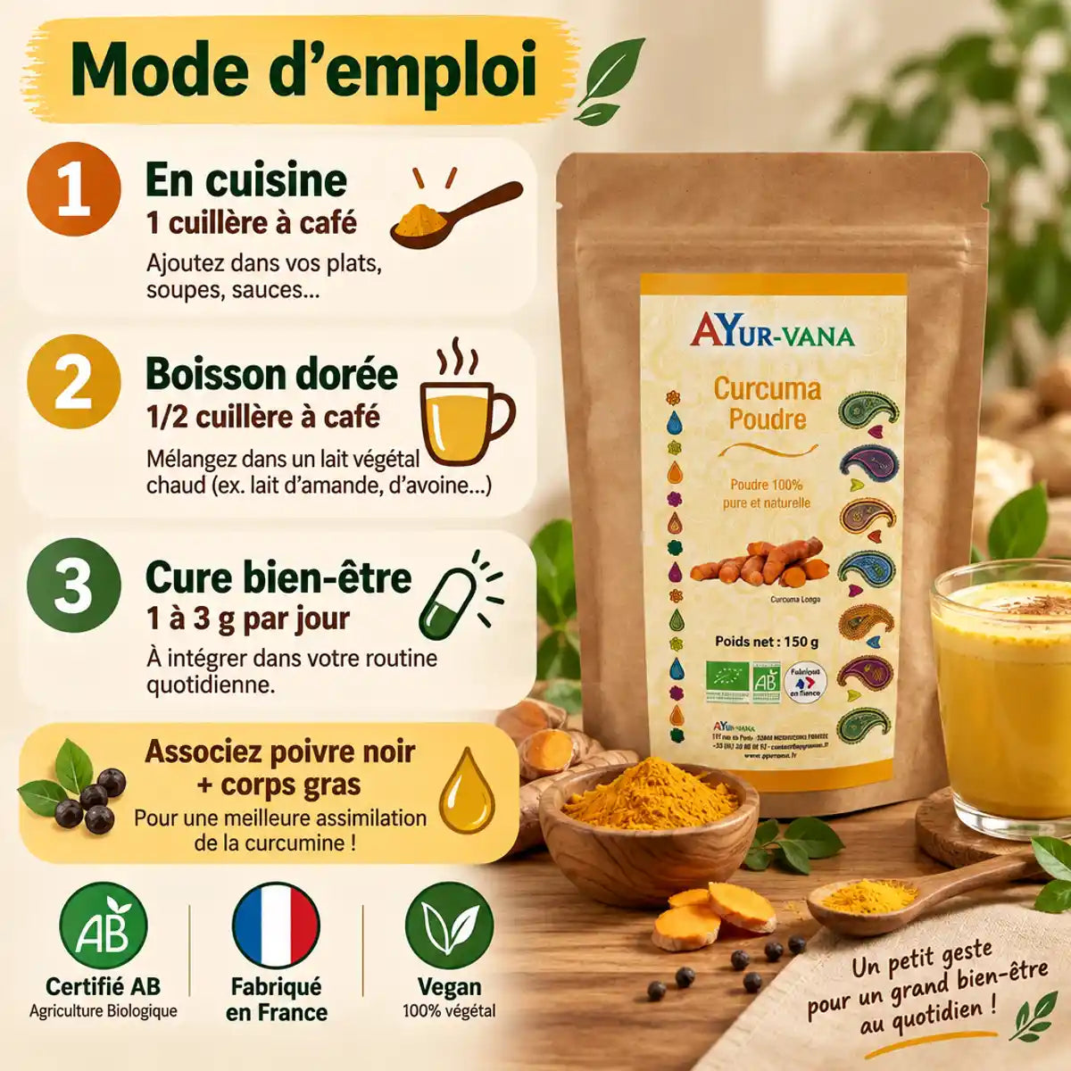 Curcuma bio AYur-vana 150 g : poudre dorée, rhizomes, latte doux et mode d'emploi en 3 étapes