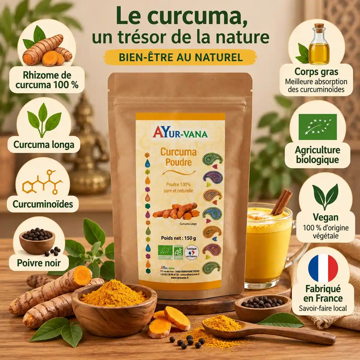 Poudre de curcuma bio Ayur-vana 150 g en sachet kraft, entourée de rhizomes frais, d'un bol de poudre dorée et d'un latte au curcuma