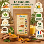 Poudre de curcuma bio Ayur-vana 150 g en sachet kraft, entourée de rhizomes frais, d'un bol de poudre dorée et d'un latte au curcuma