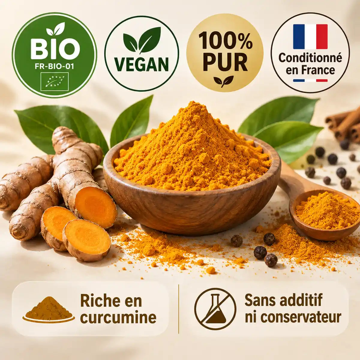 Curcuma bio en poudre pure avec badges BIO et VEGAN, riche en curcumine, conditionné en France