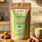 Curcuma bio en poudre Graine Sauvage avec racines fraîches et latte doré