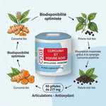 Complément curcuma poivre noir bio 60 gélules avec illustrations botaniques et infographiques nutritionnelles