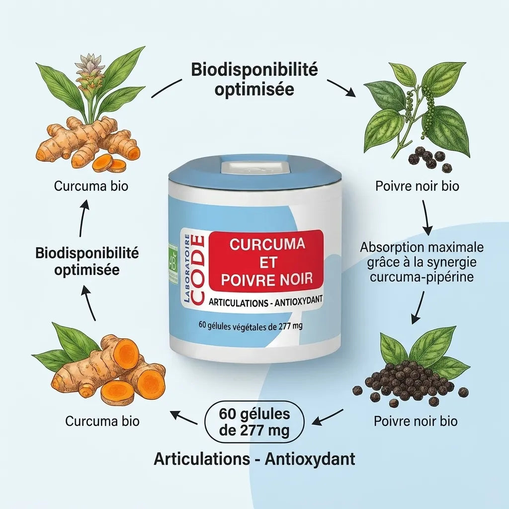 Complément curcuma poivre noir bio 60 gélules avec illustrations botaniques et infographiques nutritionnelles