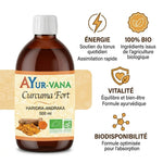 Curcuma Fort bio 500ml Ayur-vana avec bénéfices énergie, vitalité et biodisponibilité