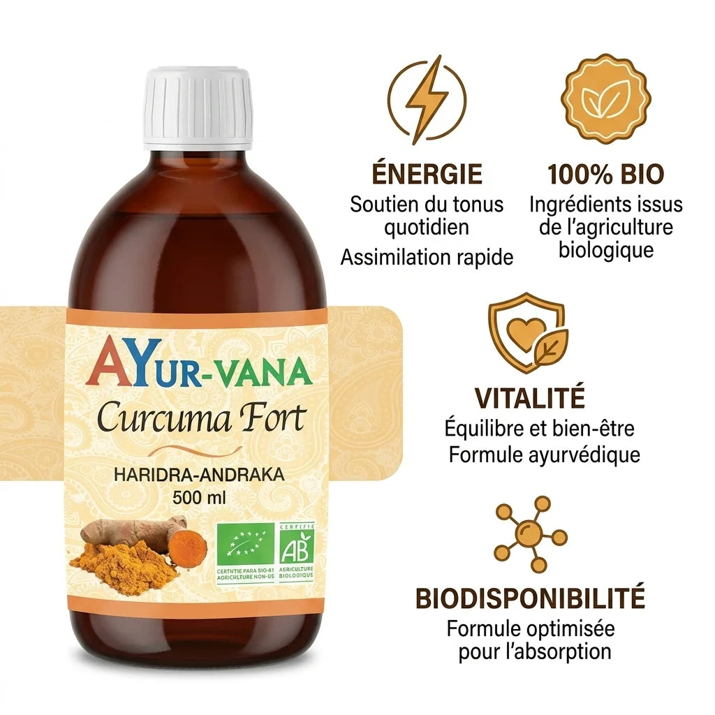 Curcuma Fort bio 500ml Ayur-vana avec bénéfices énergie, vitalité et biodisponibilité